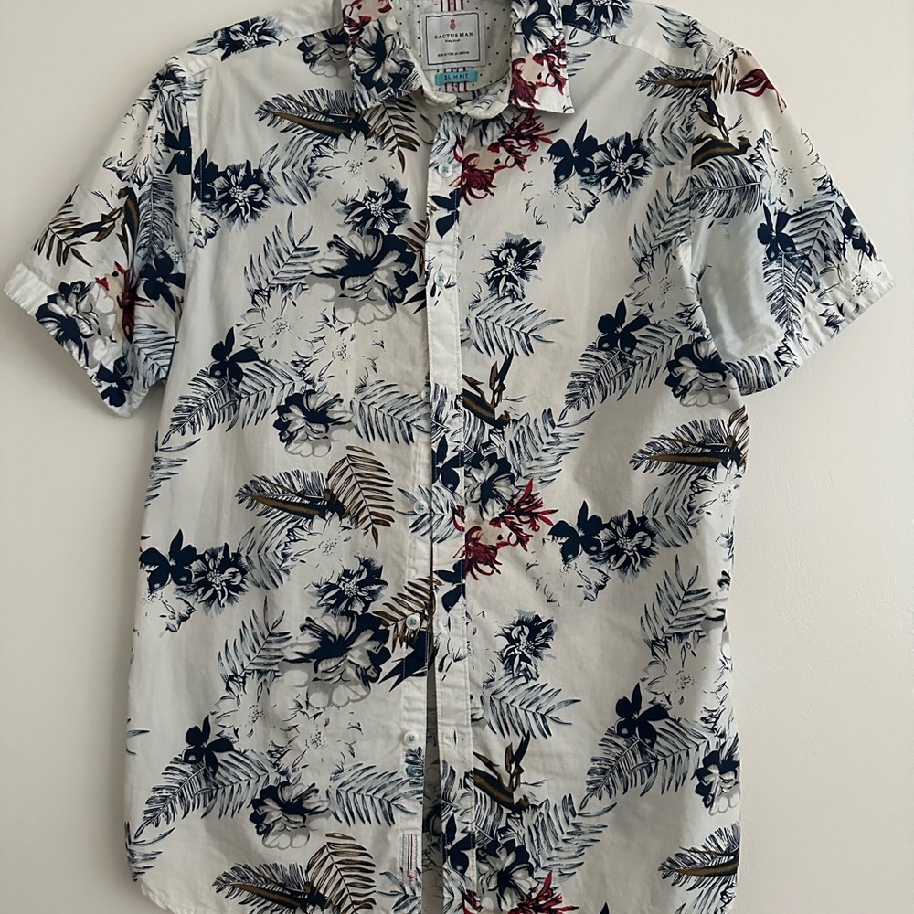 Cactus Man White and Blue Casual Button Down Shirt with Floral Design